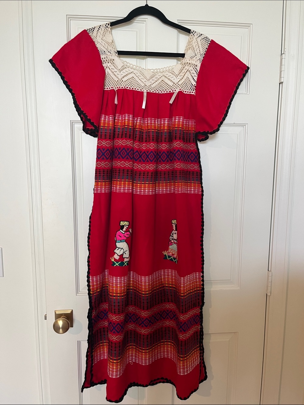 Vintage Red Mexican Embroidered Folk Dress with Lace Yoke
